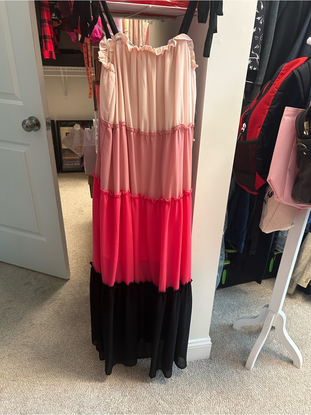 Pink Lily Colorblock Tiered Maxi Dress in Blush, Bright Pink & Black